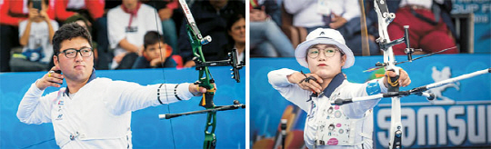 김우진(청주시청·왼쪽 사진)과 이은경(순천시청·오른쪽)이 30일 밤(한국시간) 터키 삼순에서 열린 세계양궁연맹(WA) 2018 현대양궁월드컵 파이널 남녀 개인전 결승에서 화살을 날리고 있다.   WA 제공
