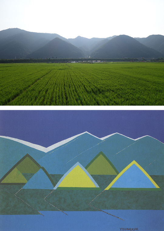 경북 울진군 매화리의 남수산(437.7m) 전경. 정삼각형에 근사한 여러 개의 봉우리 모습이 영락없이 유영국의 추상화 1984년 작 ‘산’(캔버스에 유채, 97×131㎝, 개인소장)의 삼각형 구성과 똑 닮았다.