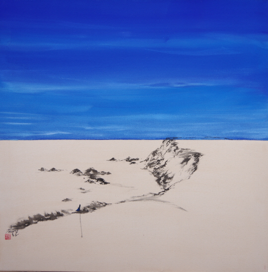 태평양의 광활한 바닷가 옆 골프장엔 삼삼오오 모인 연인들의 향기가 가득하다. 백년가약을 언약하며 골프장에서 힐링하누나. 2018년 작.  김영화 화백