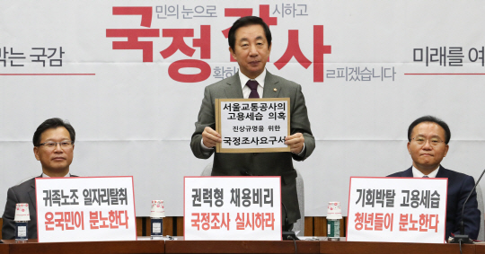김성태(가운데) 자유한국당 원내대표가 19일 오전 국회에서 열린 국정감사 대책회의에서 서울교통공사의 고용세습 의혹 진상 규명을 위한 국정조사 요구서를 들어 보이고 있다. 연합뉴스