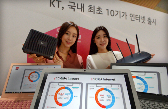 KT 모델들이 31일 오전 서울 종로구 광화문 KT스퀘어에서 다음 달 1일부터 국내 통신사 최초로 서비스하는 ‘10기가 인터넷’을 소개하고 있다.