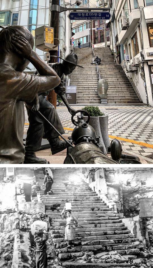영화 ‘인정사정 볼 것 없다’의 배경이 된 부산 중구의 40계단. 아래 작은 사진은 ‘40계단 문화관’에 있는 것으로, 6·25전쟁 당시 피란민들이 이 지역에 밀집해 생계를 이어갔던 모습을 알려주고 있다.