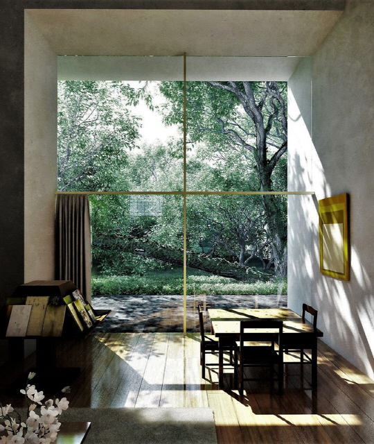 바라간 주택의 거실. 정원의 나무로 부드럽게 여과된 빛이 거실을 비추고 있다.  @Pinterset