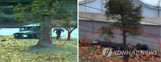 (서울=연합뉴스) 유엔군 사령부는 22일 오전 서울 용산 국방부 브리핑실에서 최근 판문점 공동경비구역을 통해 귀순한 북한군 귀순 장면이 담긴 CCTV를 공개했다. 귀순 병사가 차량 바퀴가 배수로 턱에 걸려 움직이지 못하자 차량에서 내려 남쪽으로 달린 뒤 공동경비구역 남쪽 벽에 쓰러져 있는 모습. 2017.11.22 [연합뉴스 TV 캡처]