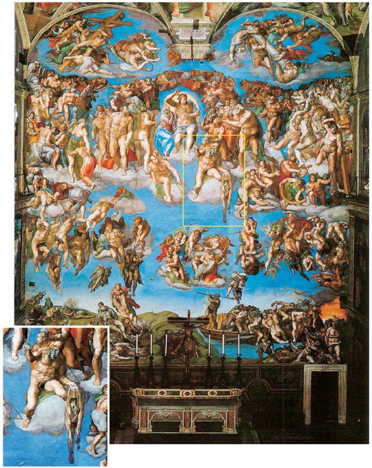 미켈란젤로, ‘최후의 심판’, 프레스코, 17×13m, 1535-1541년. 로마 바티칸 시스티나 성당. 자세히 살펴보면 살가죽에 그려진 미켈란젤로의 자화상(작은 사진)을 발견할 수 있다.