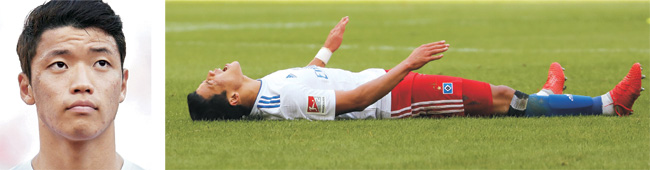 함부르크의 황희찬이 지난 9월 30일 독일 함부르크에서 열린 분데스리가 2부리그 장크트파울리와의 홈경기에서 그라운드에 누운 채 아쉬운 표정을 짓고 있다. 함부르크 페이스북 EPA연합뉴스