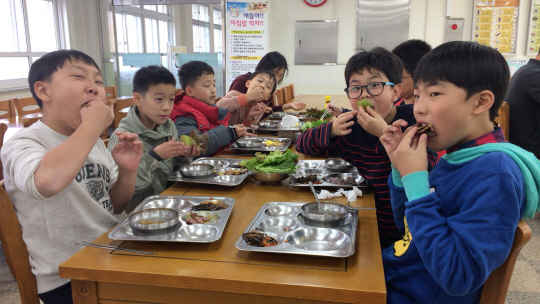 충남 청양군의 한 초등학교 어린이들이 지역 농산물로 만든 급식을 먹으며 즐거운 표정을 짓고 있다.  청양군 제공