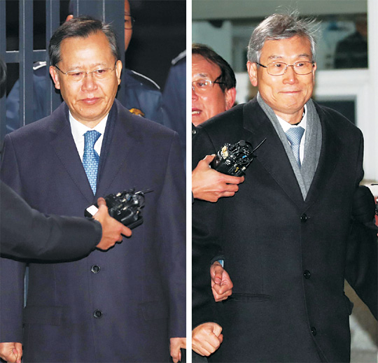 양승태 대법원장 시절 사법행정권 남용 의혹에 관여한 혐의를 받고 있는 박병대(왼쪽 사진) 전 대법관과 고영한(오른쪽) 전 대법관이 7일 오전 구속영장이 기각된 후 각각 경기 의왕시 서울구치소를 나서고 있다.  연합뉴스