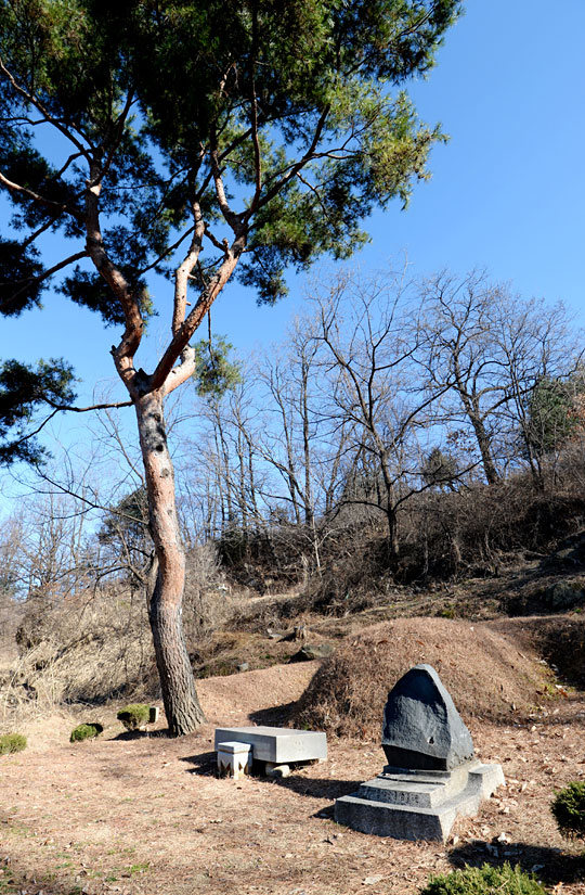 망우리 공원의 기슭에 있는 이중섭 화백의 묘. 친구들이 심었다는 여윈 소나무 아래 있다. 묘 앞에 자그마한 기념비가 세워져 있다. 그의 무덤은 그의 그림이 누리는 대접에 비하면, 쓸쓸하다.