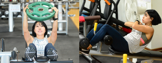 국민체육진흥공단이 주최한 체력왕 선발대회에서 여자부 1위에 오른 윤선미 씨가 17일 경기 오산시설관리공단 스포츠센터에서 윗몸일으키기로 복근을 단련하고 있다.  김선규 기자 ufokim@