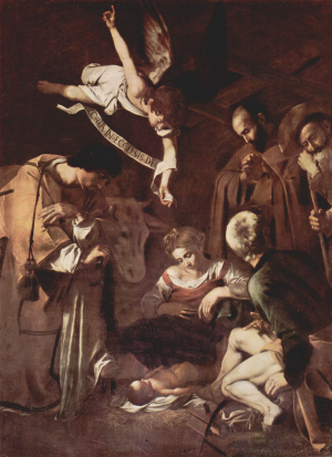 카라바지오(Caravaggio), 예수의 탄생을 지켜보는 성 로렌조와 성 프란체스코, 유화 268×197㎝, 소재 미상, 1609.