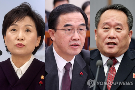 왼쪽부터 김현미 국토교통부 장관, 조명균 통일부 장관, 리선권 북한 조국평화통일위원회 위원장 [연합뉴스 자료사진]
