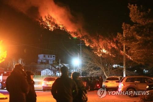 (양양=연합뉴스) 1일 오후 4시 12분께 강원 양양군 서면 송천리 한 야산에서 난 불이 밤늦게까지 꺼지지 않은 채 마을 주변으로 번지자 주민들이 걱정스러운 모습으로 산불 진행 상황을 지켜보고 있다.