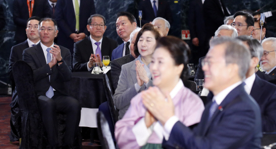 문재인 대통령과 김정숙 여사가 2일 여의도 중소기업중앙회 그랜드홀에서 이재용(뒷줄 오른쪽 두 번째) 삼성전자 부회장, 구광모(뒷줄 왼쪽부터) LG그룹 회장, 정의선 현대차그룹 수석부회장, 강호갑 한국중견기업연합회장, 최태원 SK그룹 회장 등 재계 관계자들이 참석한 가운데 열린 2019 기해년 신년회에서 박수를 치고 있다.  연합뉴스