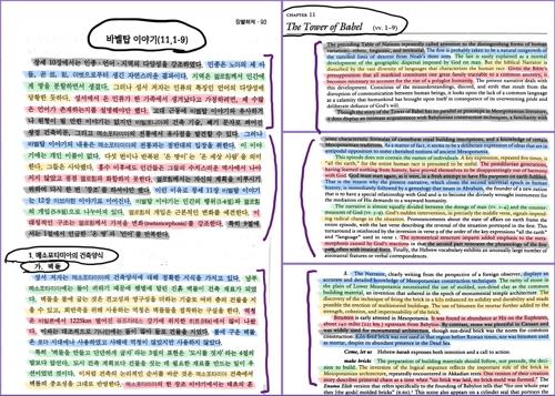 (서울=연합뉴스) 배철현 전 서울대 종교학과 교수의 『타르굼 옹켈로스 창세기』(2001년 출간)의 p.93(왼쪽)와 Nahum M. Sarna의 『The JPS Torah Commentary Genesis』(1989년 출간)의 p.80(오른쪽 위), p.81(오른쪽 가운데), p.82(오른쪽 아래). 좌우가 내용은 물론이고 문장과 순서까지 일치하는 사실을 쉽게 확인할 수 있다. 독자들의 이해를 돕기 위해 연합뉴스는 각 문장을 회색, 하늘색, 연두색, 노란색, 분홍색 등으로 구분하고, 일치하는 부분끼리는 서로 동일한 색깔로 표시했다. 2019.1.13.