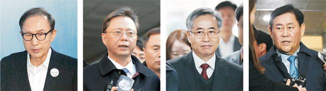 최근 적폐청산 관련 재판에서 직권남용 혐의 적용이 논란이 되고 있다. 사진은 각 재판에서 무죄나 일부 무죄 판결을 받은 이명박(왼쪽부터) 전 대통령, 우병우 전 청와대 민정수석, 추명호 전 국가정보원 국익정보국장, 최경환 자유한국당 의원.  뉴시스