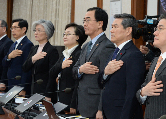 일본 해상자위대의 초계기 저공 위협 비행을 놓고 일본과 갈등을 겪고 있는 가운데, 정경두(오른쪽) 국방부 장관이 29일 오전 서울 종로구 세종대로 정부서울청사에서 열린 국무회의에서 국민의례를 하고 있다.   김동훈 기자 dhk@