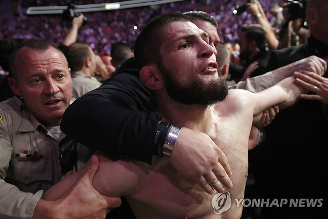 경기 후 맥그리거 측 관계자들과 몸싸움을 벌인 하빕 누르마고메도프[AP=연합뉴스 자료사진]