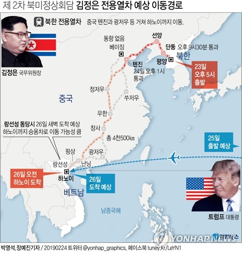 (서울=연합뉴스) 김정은 북한 국무위원장의 전용열차가 베트남 하노이에서 열리는 2차 북미 정상회담에 참석하기 위해 24일 경유지인 톈진(天津)을 통과했다고 베이징 소식통이 전했다.