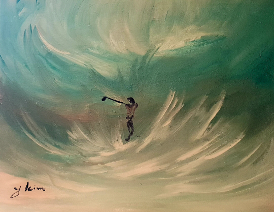 골프는 기후의 변화에 민감하다. 그럼에도 자연과 함께 동행하며 즐겁게 라운드를 즐길 수 있다면 진정한 골퍼다. 2019년 작.  김영화 화백