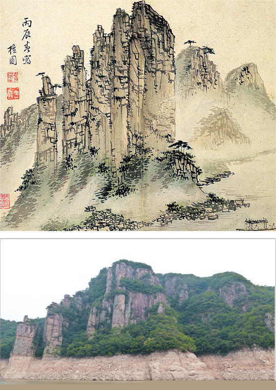 눈에 보이는 실경을 그대로 옮긴 듯한 단원 김홍도의 ‘옥순봉’. 병진년화첩, 1796년, 종이에 수묵담채, 26.7×31.6㎝, 보물 제782호, 삼성미술관 리움. 아래 사진은 충북 단양의 옥순봉 실경.