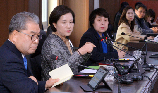 유은혜(왼쪽 두 번째) 부총리 겸 교육부 장관이 4일 오전 한국유치원총연합회의 개학 연기에 대한 대책을 논의하기 위해 경기 용인교육지원청을 찾아 긴급 회의를 주재하고 있다.