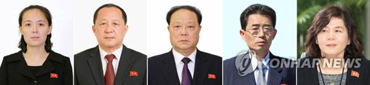 (서울=연합뉴스) 북한 중앙선거위원회가 12일 대의원 선거 결과를 발표하고 전체 선거자의 99.99%가 선거에 참여해 100%의 찬성률을 기록했다고 조선중앙통신이 이날 밝혔다. 당선된 대의원에는 김여정 당 선전선동부 제1부부장(왼쪽부터), 리용호 외무상, 박광호 당 부위원장, 김성남 당 국제부 제1부부장, 최선희 외무성 부상을 비롯한 687명이다. [연합뉴스 자료사진]