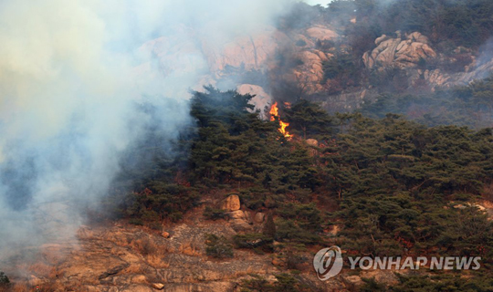 (서울=연합뉴스) 13일 서울 은평구의 한 모델하우스 발생한 화재의 불씨가 북한산으로 일대로 번지고 있다. 2019.3.13