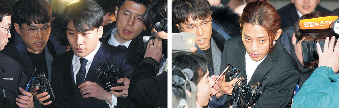성접대 의혹이 불거진 빅뱅 멤버 승리(이승현·왼쪽 사진)와 성관계 동영상 불법 촬영·유포 혐의를 받는 가수 정준영(오른쪽)이 15일 오전 종로구 서울지방경찰청에서 장시간 조사를 마친 뒤 청사를 나서고 있다.  김선규 기자 ufokim@