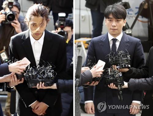 (서울=연합뉴스) 성관계 동영상 불법 촬영·유포 논란을 빚은 가수 정준영이 피의자 신분으로 조사를 받기 위해 14일 오전 서울지방경찰청으로 출석했다. 오른쪽 사진은 이날 오후 성 접대 의혹이 불거진 빅뱅 멤버 승리(본명 이승현)가 피의자 신분으로 조사를 받기 위해 서울지방경찰청으로 출석하고 있는 모습. 2019.3.14