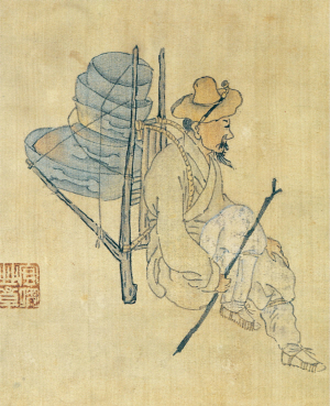 권용정의 보부상, 비단에 채색, 16.5×13.3㎝. 오늘날 미술관장 자리를 두고 이리저리 뛰다 낙담한 이들의 모습을 연상시키는 조선 시대 보부상 그림.  간송미술관 소장