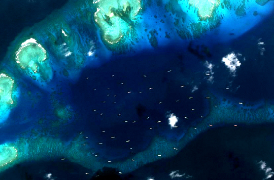 미국 전략국제문제연구소(CSIS)와 아시아해운투명성이니셔티브(AMTI)가 지난 2월 공개한 사진에서 필리핀이 실효지배 중인 남중국해 스플래틀리 군도의 티투 섬 인근에 중국 선박들이 몰려와 ‘무력시위’를 벌이고 있다.  AMTI 홈페이지 캡처