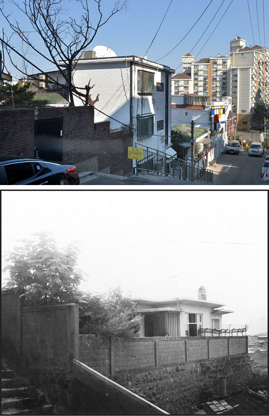 조각가 김종영에게 ‘제2의 고향’이라고 할 수 있는 서울 성북구 삼선교 일대 동네 풍경. 작품 ‘세한도’에 등장하는 라일락 나무가 왼쪽에 보인다. 아래 사진은 김종영이 1963년부터 거주하며  작업했던 삼선교의 집으로 확장 신축하기 이전 모습이다.     김낙중 기자 sanjoong@