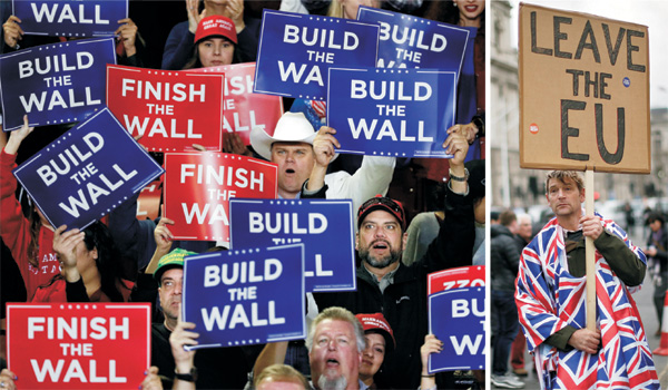 전 세계에 비자유주의가 포퓰리즘을 타고 확산하는 가운데 미국(왼쪽 사진)에선 이민자 밀입국 방지를 위해 미국-멕시코 국경장벽을 건설하려는 도널드 트럼프 대통령에 대한 지지가 커지고 있고, 영국(오른쪽)에선 유럽연합(EU)에서 탈퇴하라는 친(親) 브렉시트 성향의 국민 시위가 이어지고 있다. AP연합뉴스