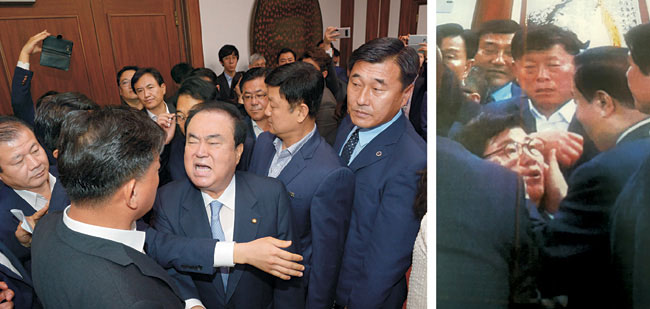 24일 오전 자유한국당 의원들이 오신환 국회 사법개혁특별위원회 바른미래당 간사의 사·보임에 반대하며 국회의장실을 항의 방문, 문희상 의장과 충돌했다. 왼쪽은 문 의장(앞줄 가운데)이 의장실을 빠져나가려다 한국당 의원들과 설전을 벌이는 모습, 오른쪽은 문 의장(오른쪽 두 번째)이 한국당 의원들과 실랑이를 벌이던 중 임이자 의원의 얼굴을 만지는 모습. 김호웅 기자 diverkim@·민경욱 한국당 의원 페이스북 캡처