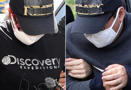 ‘중학생 딸 살해’ 고개 숙인 친어머니(왼쪽)와 의붓아버지 [연합뉴스 사진]