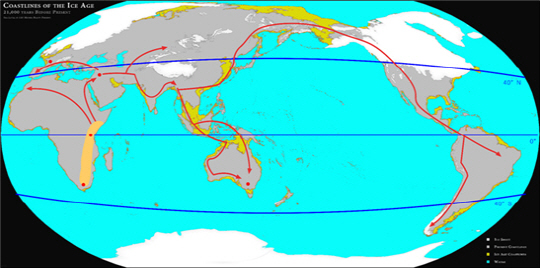 빙기 때 해안선과 슬기 사람의 주 이동 경로(20만∼5만 년 전).