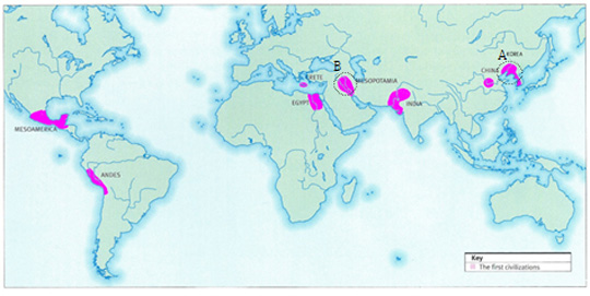 인류 최초 4대 독립 문명에 고조선 문명(그림의 A 부분)을 첨가했다. B는 수메르 문명 지역.
