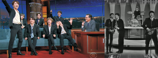 15일(현지시간) 미국 CBS 방송 심야 토크쇼 ‘더 레이트 쇼 위드 스티븐 콜베어’에서 사회자 콜베어가 “비틀스 곡 중에 좋아하는 노래가 있냐”고 묻자, 방탄소년단의 제이홉이 자리에서 일어나 비틀스의 명곡 ‘헤이 주드’ 한 소절을 선창하고 있다.(왼쪽 사진) 전설적 그룹 비틀스는 1964년 CBS ‘에드 설리번쇼’를 통해 미국 무대에 처음 데뷔했다. 이 역사적인 순간을 기념해 CBS는 15일 방탄소년단의 비틀스 헌정 공연을 특별 제작, 방송했다.(오른쪽)  CBS 캡처