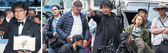 25일(현지시간) 칸국제영화제에서 최고 영예인 황금종려상을 거머쥔 봉준호(왼쪽 사진) 감독. 봉 감독은 영화 ‘옥자’와 같은 글로벌 프로젝트를 추진하며 해외 인력과 손발을 맞춰보는 등 국경을 초월한 행보를 보여주고 있다.(오른쪽) 이 때문에 이번 수상을 계기로 해외 자본이 한국 영화계로 대거 유입될 것이란 전망이 나오고 있다. 연합뉴스