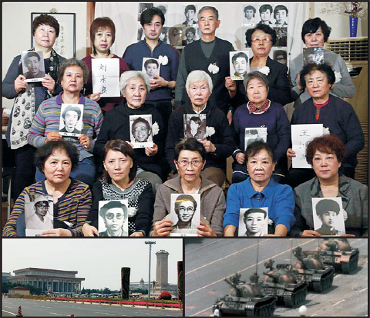 중국의 6·4 톈안먼 사건 30주기를 맞아 희생자 유족들의 모임인 ‘톈안먼 어머니회’ 회원들이 최근 희생자들의 사진과 이름 팻말을 들고 진상 규명 등을 요구하고 있다.(위부터 시계 방향) 1989년 6월 4일 새벽 톈안먼 광장에 있던 시위대를 진압하기 위해 중국 인민해방군 계엄군의 탱크가 광장으로 진입하고 있다. 올해 30주기를 앞두고 당국의 삼엄한 감시와 경계가 펼쳐지고 있는 가운데 지난 25일 톈안먼 광장 중앙에 위치한 인민영웅기념비(오른쪽)와 마오주석기념당. 홍콩 사우스차이나모닝포스트(SCMP)  캡처·자료사진