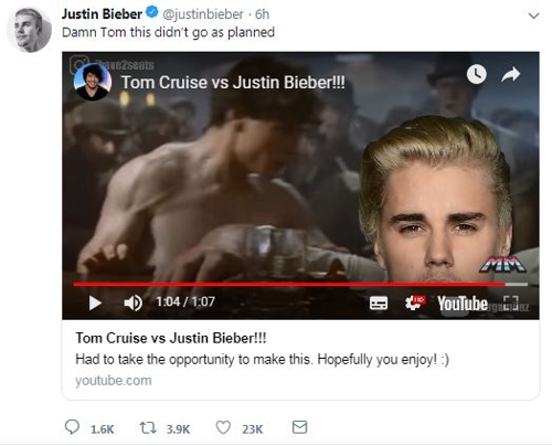 영화 ‘파 앤드 어웨이’(1992)의 결투 장면에 저스틴 비버의 얼굴을 합성한 영상. 저스틴 비버가 10일 자신의 트위터에 올린 것 [트위터 캡처=연합뉴스]