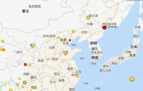 중국 지린성 훈춘서 규모 1.3 지진[중국지진대망 캡처]