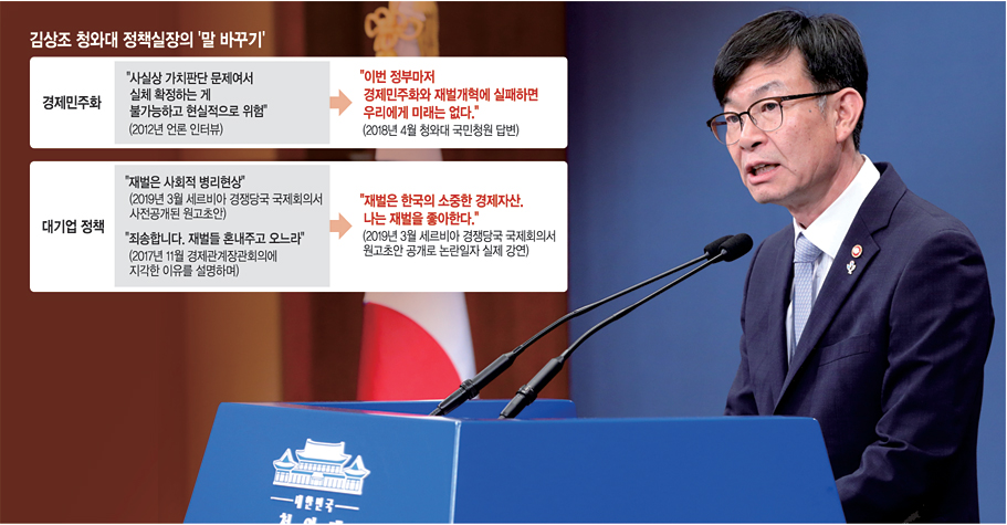 지난 21일 청와대 춘추관 브리핑실에서 김상조 신임 청와대 정책실장이 인사말을 하고 있다. 문재인 대통령은 이날 오전 김수현 정책실장 후임에 김상조 공정거래위원장, 윤종원 경제수석 후임에 이호승 기획재정부 1차관을 각각 임명했다. 연합뉴스