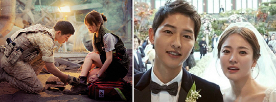 한류스타 커플 송중기-송혜교가 결별한다. 2016년 ‘태양의 후예’에 출연했던 모습(왼쪽 사진)과 2017년 10월 웨딩 사진.