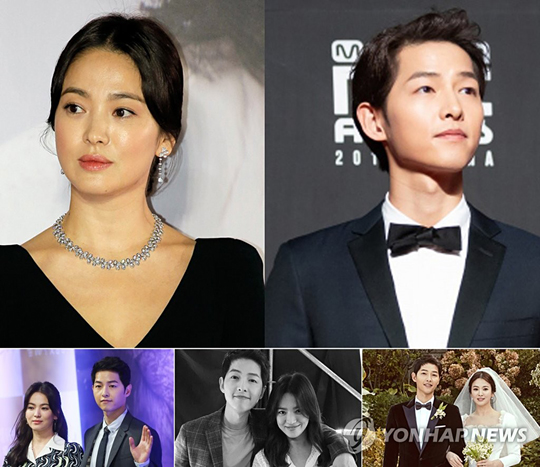 톱스타 부부인 송중기(34)와 송혜교(37)가 결혼 약 2년 만에 이혼절차를 밟게 됐다. 송중기는 지난 26일 법률대리인 법무법인 광장을 통해 서울가정법원에 이혼조정신청서를 접수했다. 사진 위는 2019년 4월과 2018년 12월 대외 행사에 각각 참석한 송혜교 송중기 모습. 아래 왼쪽부터는 2016년 3월 ‘태양의 후예’ 제작발표회 참석 모습, 연인 시절 모습, 2017년 10월 결혼식 장면 모습. [연합뉴스 자료사진]