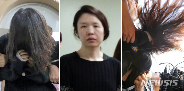 신상 공개가 결정된 ‘전 남편 살해’ 피의자 고유정(36·여)이 지난 6일 오후 제주 동부경찰서에서 조사를 받은 뒤 머리카락으로 얼굴(왼쪽부터)을 가렸으나 7일 오후 같은 장소에서 조사를 받기 위해 진술 녹화실로 이동하며 고개를 들고 얼굴을 보였으나 12일 제주지검으로 송치되면서 또 머리카락으로 얼굴을 가리고 있다   고 씨는 지난달 25일 제주시 조천읍의 한 펜션에서 전 남편인 강모(36) 씨를 살해하고 시신을 유기한 혐의를 받고 있다.