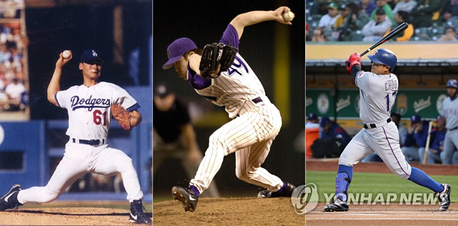 (서울=연합뉴스) MLB 사무국이 9일(한국시간) 추신수(텍사스 레인저스)를 올스타전 출전 선수 중 아메리칸리그(AL) 외야수 후보 선수로 발표했다. MLB 올스타전에서 한국 선수가 출전하는 건 박찬호(2001년·당시 로스앤젤레스 다저스), 김병현(2002년·애리조나 다이아몬드백스)에 이어 추신수가 세 번째다. 왼쪽부터 박찬호(1998년), 김병헌(2002년), 추신수(2018년). 2018.7.9 [연합뉴스 자료사진] photo@yna.co.kr