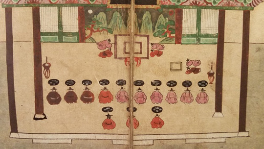 1741년 영조가 사도세자를 참석시킨 가운데 경연을 시행하는 모습을 그린 ‘경현당 어제어필 화재첩’ 일부.    서울역사박물관 소장