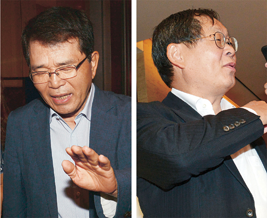 23일 오전 서울 서초구 사평대로 쉐라톤 서울 팔래스호텔에서 열린 5개 경제단체 부회장 조찬 회동이 끝난 후 한진현(왼쪽) 한국무역협회 부회장과 김용근 한국경영자총협회 부회장이 회의장을 나서고 있다.